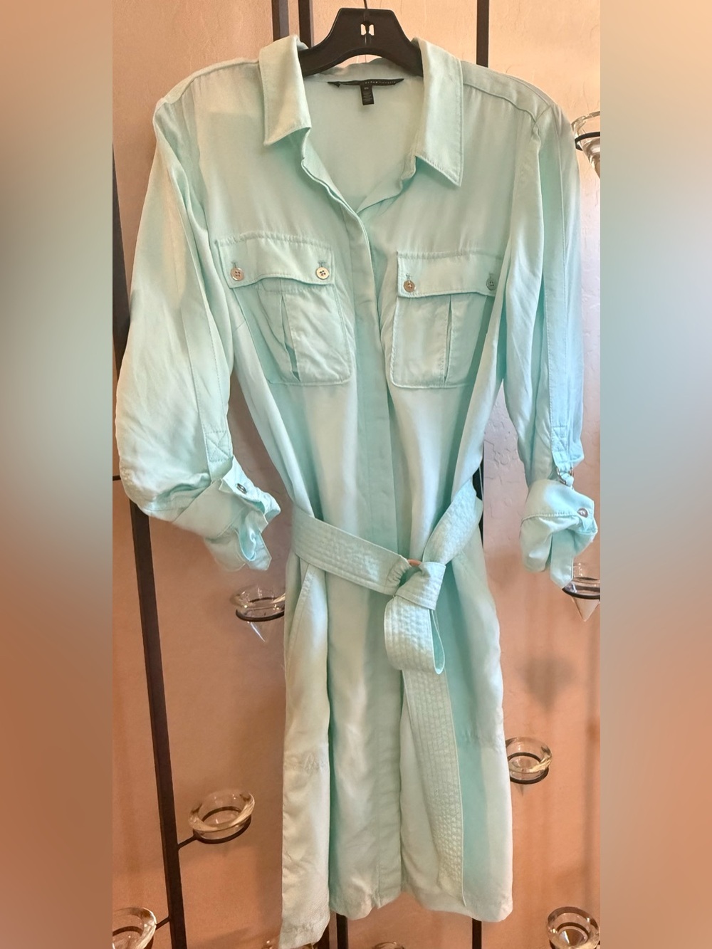 WHBM Utility Shirt Dress Women’s Size 10 Mint Belted Button Front Casual Chic